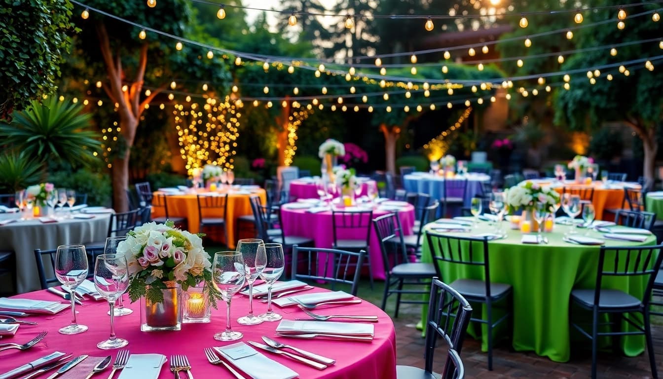 Guests enjoying a beautifully decorated outdoor party showcasing Party Rentals in vibrant colors.