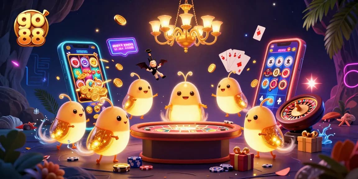 Experience vibrant gaming action with go 88 in a lively casino scene featuring bioluminescent glowworms and engaging game elements.