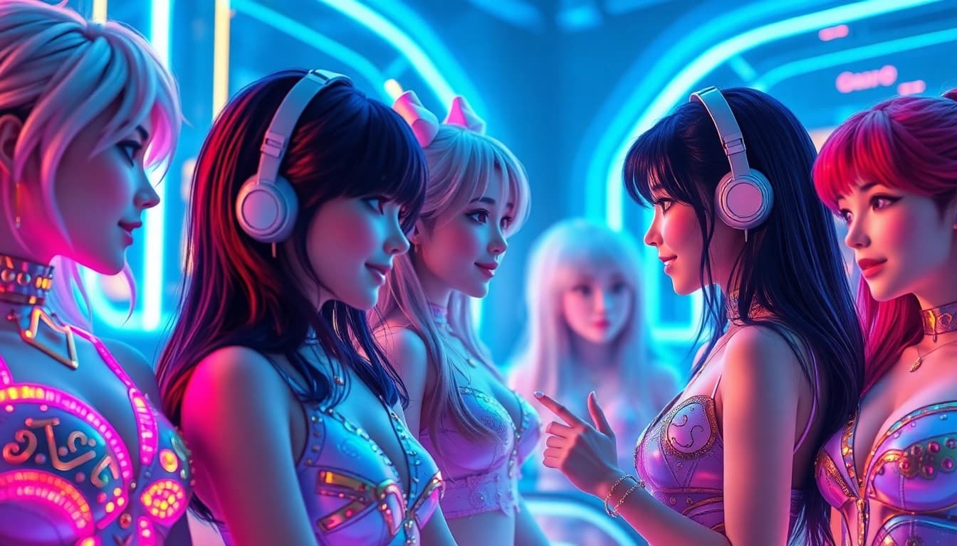 Exciting scene of diverse nsfw ai girlfriends interacting in a futuristic digital landscape.