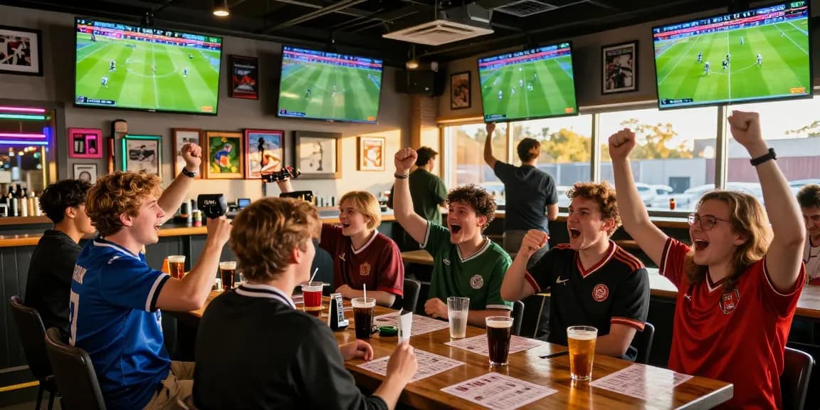 Engaging scene of friends enjoying sports betting at a bar, showcasing ty le keo nha cai excitement.