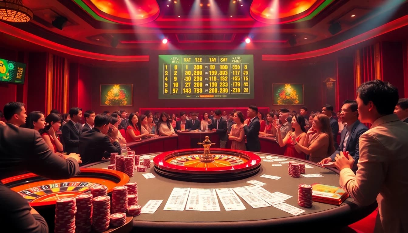 Kết quả xổ số hôm nay in a vibrant casino lottery atmosphere showcasing excitement and anticipation.