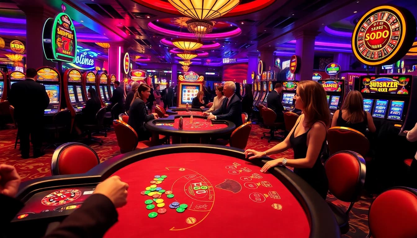 Players enjoying thrilling games at SODO CASINO, surrounded by vibrant slot machines and poker tables.