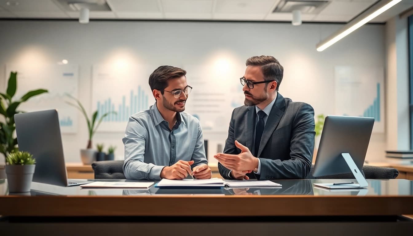 Engaging financing consultation at a modern office desk with financial charts.