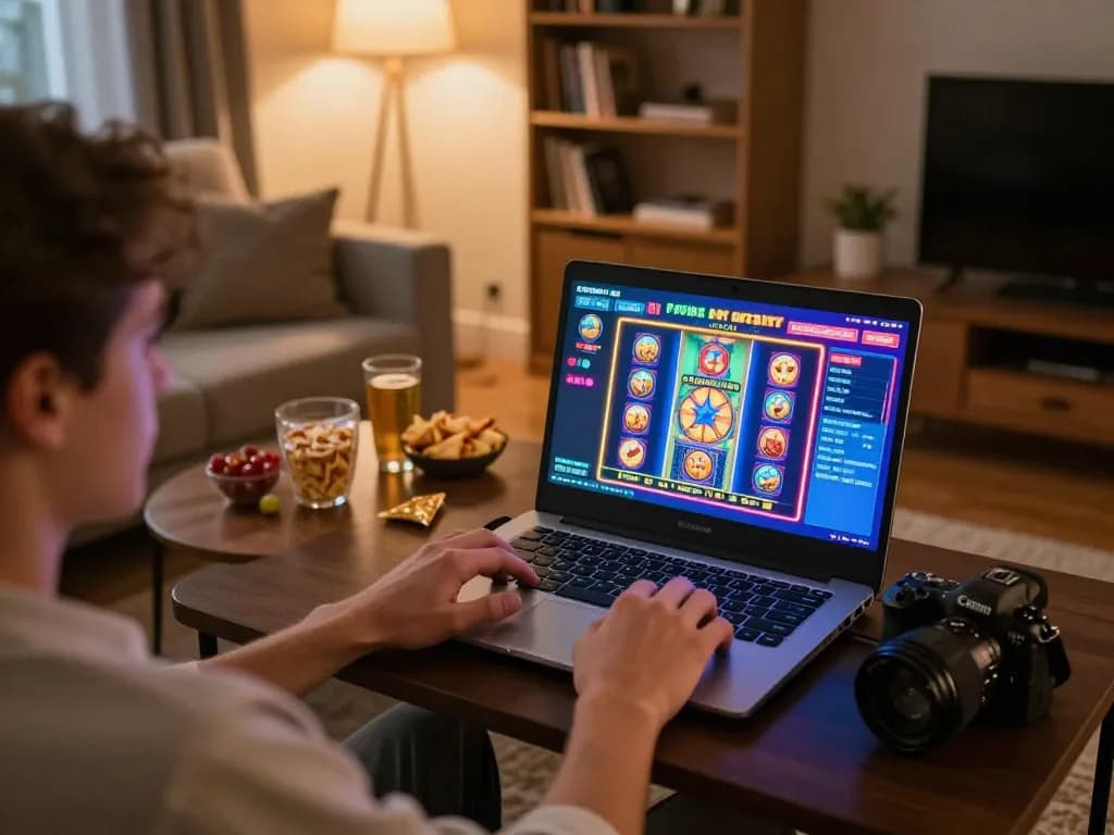 Player spinning slot reels on a laptop in a cozy home gaming environment, enjoying engaging online slots