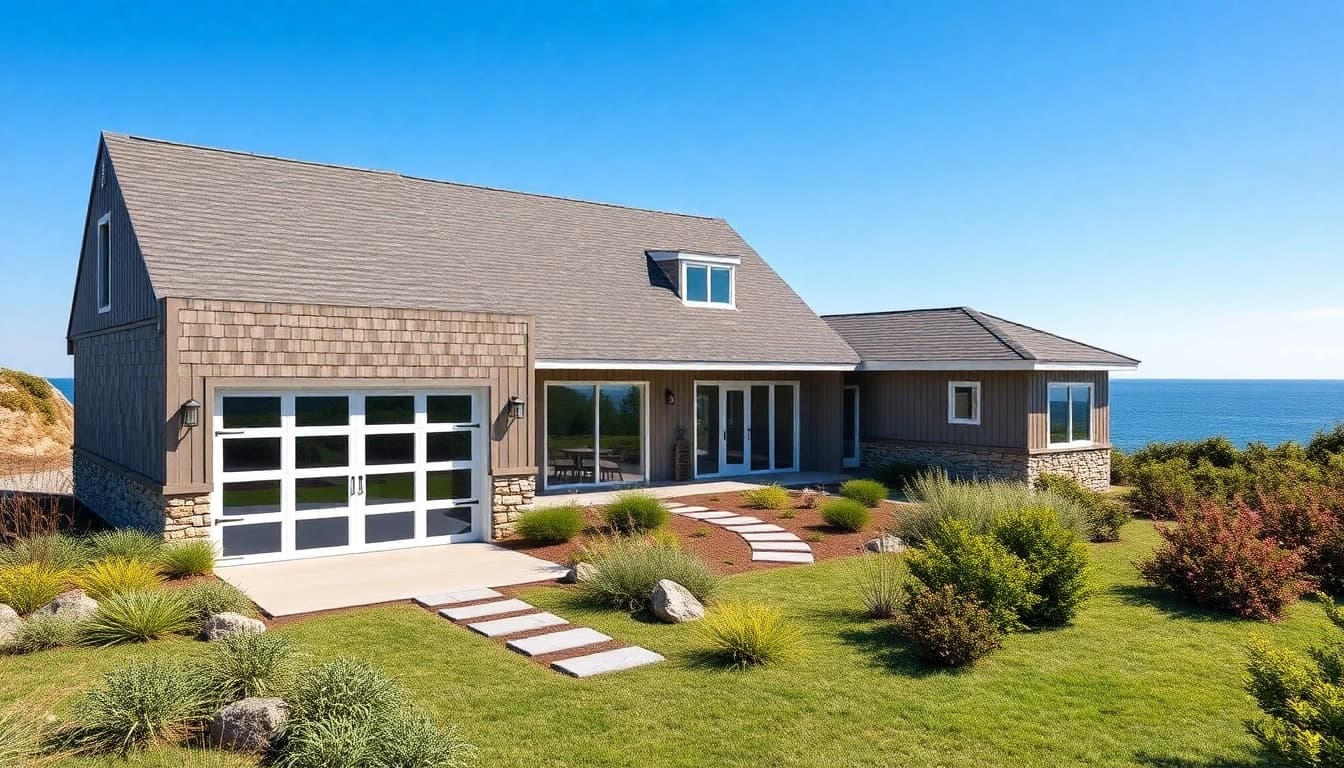 Design of a Cape Cod home addition featuring a sleek attached garage and lush landscaping.