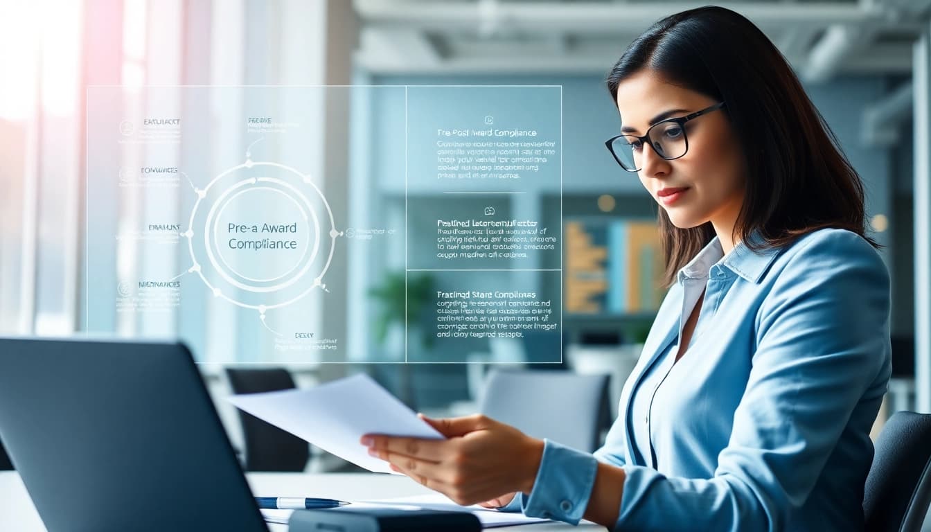 Analyzing pre and post award compliance documents in a bright office environment.