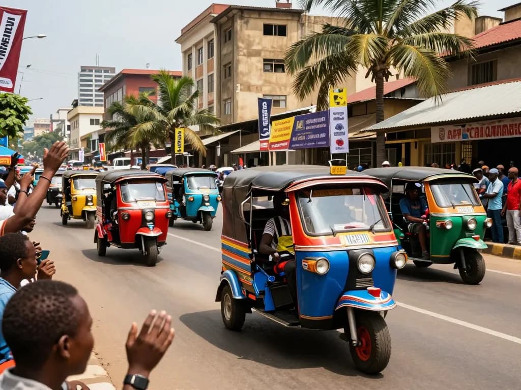 Nairobi tuk tuk racing captures colorful vehicles speeding in an exciting street race, showcasing vibrant energy and culture.