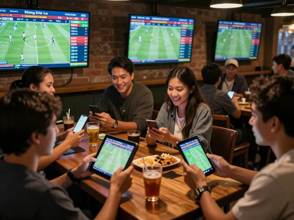 Fans engaging in bóng đá lu sports betting using smartphones and tablets in an energetic sports bar.