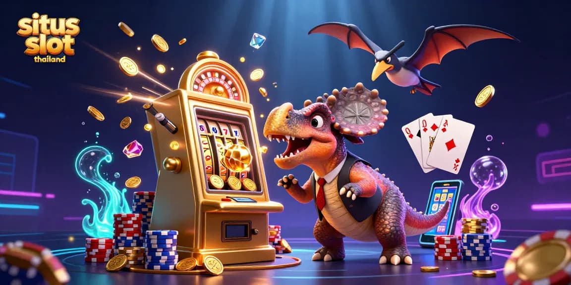 Situs slot thailand showcases a 3D pachycephalosaurus celebrating jackpots with coins and gems in a vibrant casino scene.
