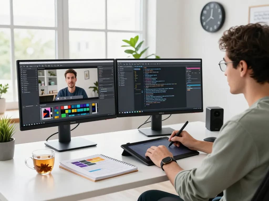 Professional creator using a video to prompt generator in a modern workspace with dual monitors and AI software.