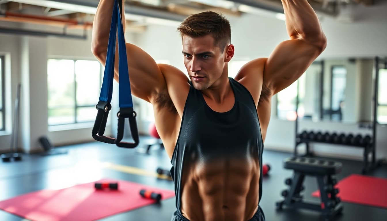 Athlete training with a pull-up assist band in a vibrant gym, showcasing strength and determination.