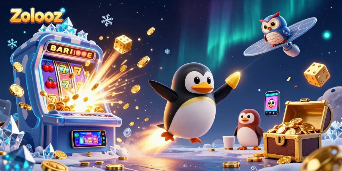 Zolooz presents a rocket-powered penguin navigating a dazzling, coin-filled casino universe