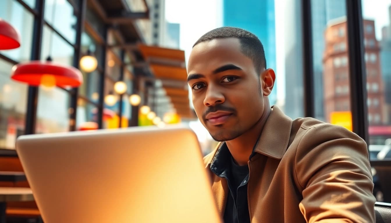 Searching for a free job post new york in an urban cafe environment.
