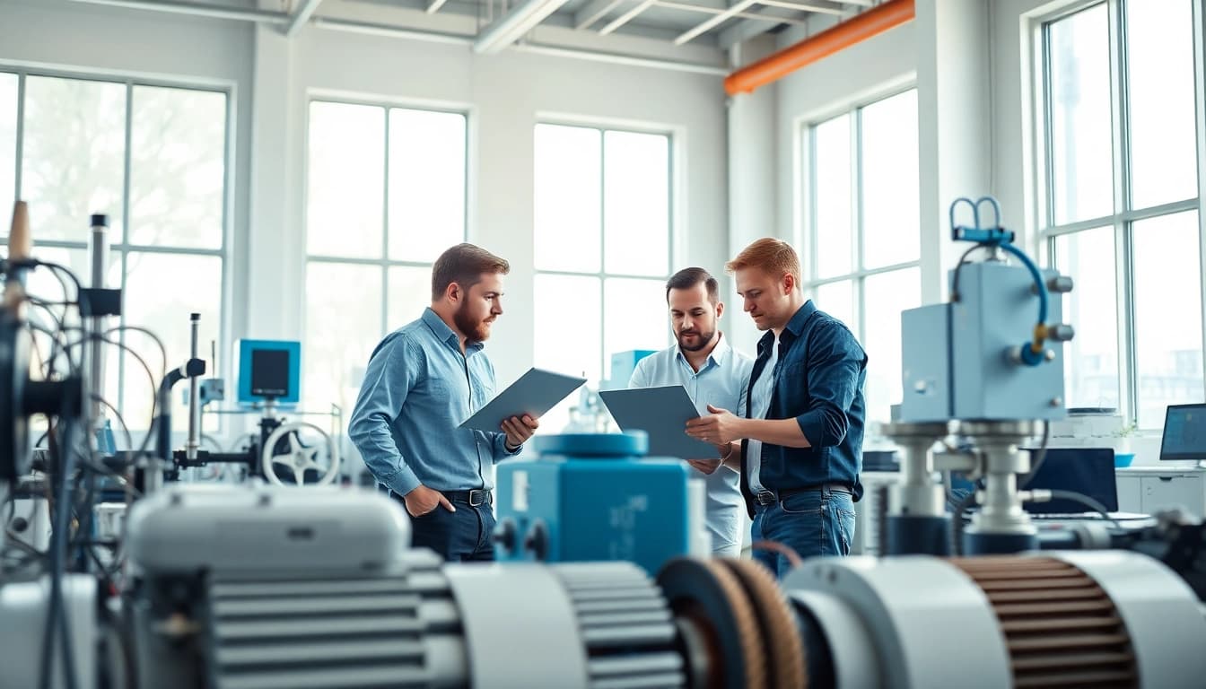 Team of engineers using advanced machinery in a bright office space for Approved Engines.