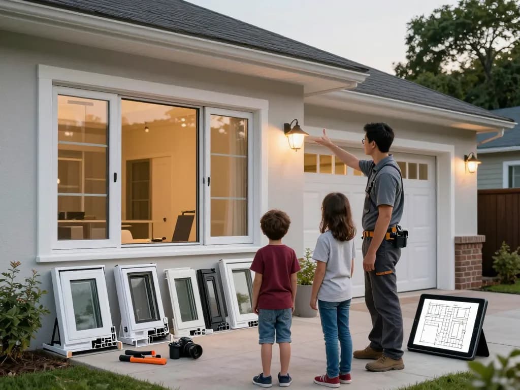 Engagierte Familie diskutiert Fensterbau Düsseldorf mit einem professionellen Installateur und hebt moderne Fensteroptionen hervor.