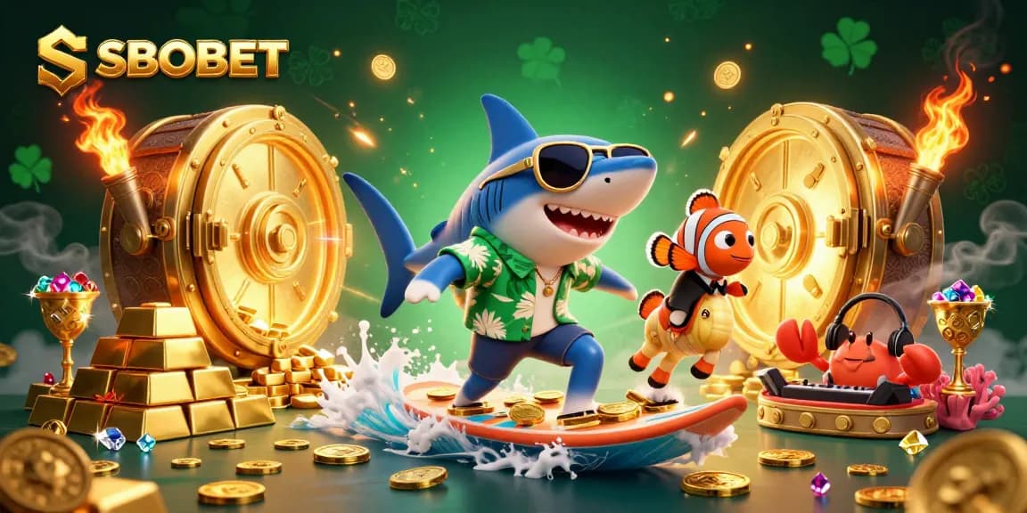SBOBET enhances excitement with a hammer-head shark surfing gold coins surrounded by casino treasures.