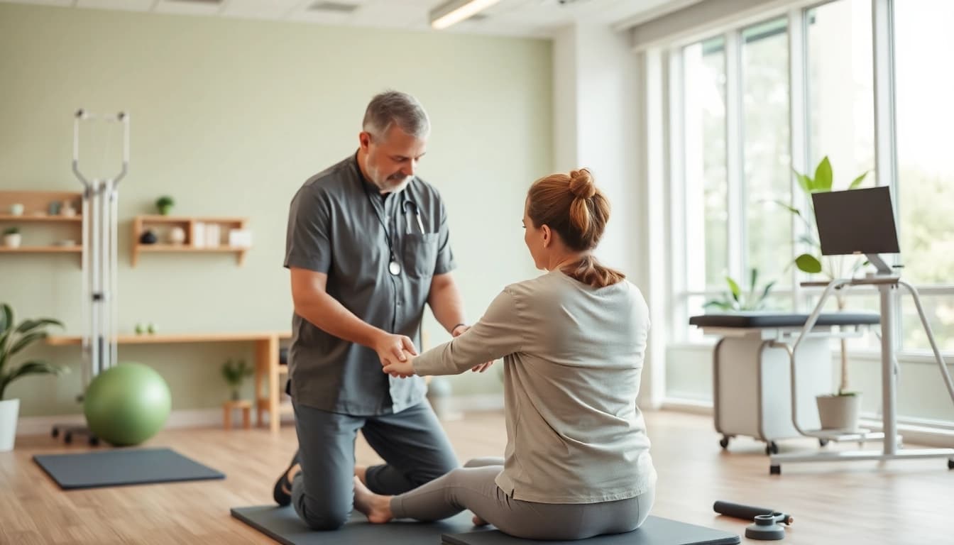 Seventeen Physio professional physiotherapist aiding a patient in a bright, modern clinic setting.