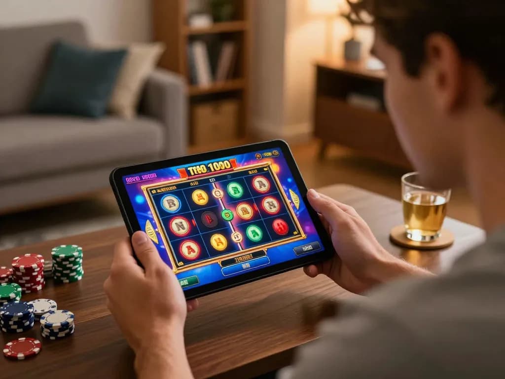 Engaging player focused on slot depo 1000 gameplay on mobile device at home, showcasing vibrant casino atmosphere.