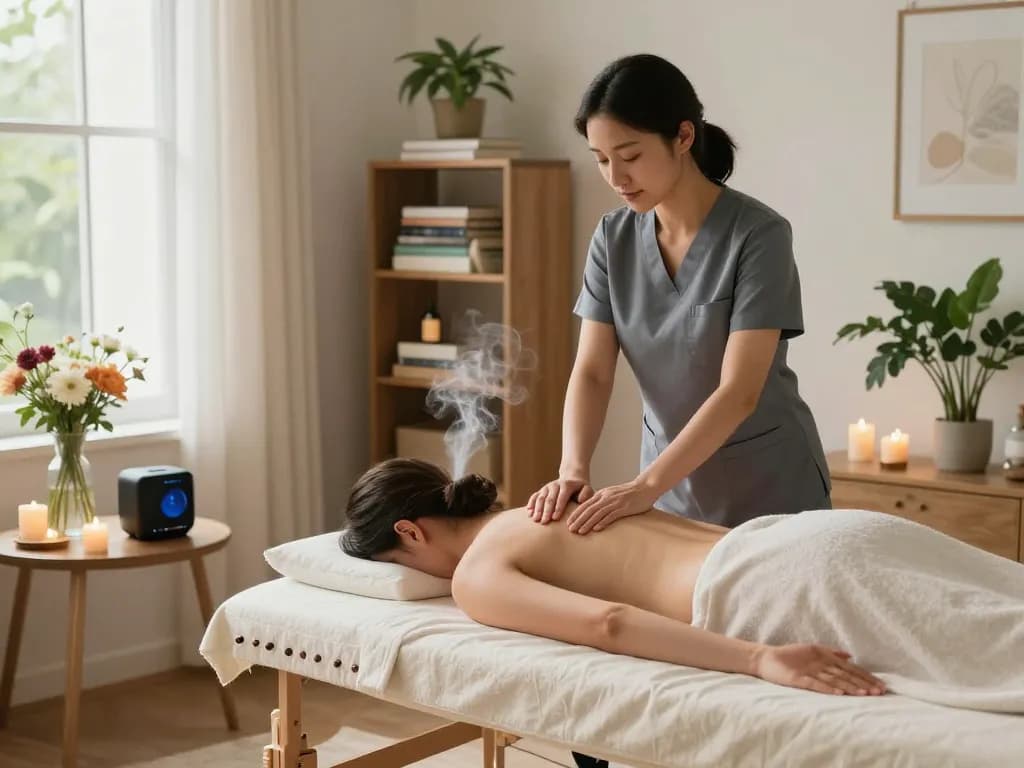 Therapist providing a soothing massage at home, highlighting https://www.maxim-anma.net premium wellness services.