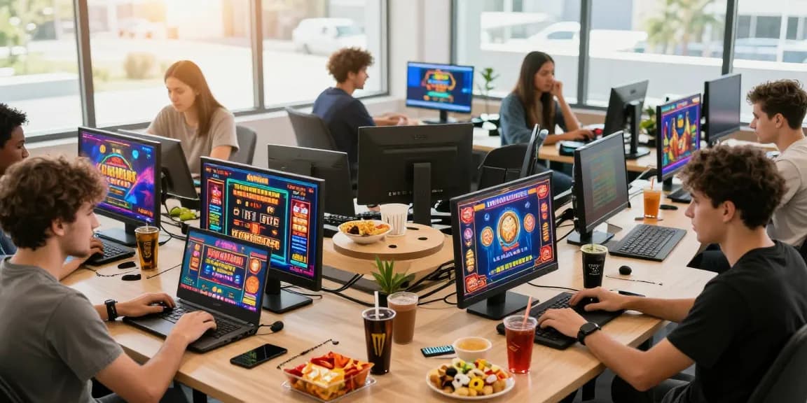 Exciting gaming atmosphere showcasing players at modern laptops using credit cards at casinos, representing the vibrant world of https://brcs.co.uk.