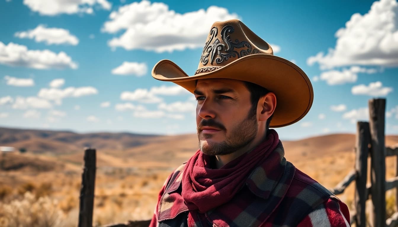 Showcasing stylish cowboy hats worn by a confident cowboy in a scenic outdoor setting.