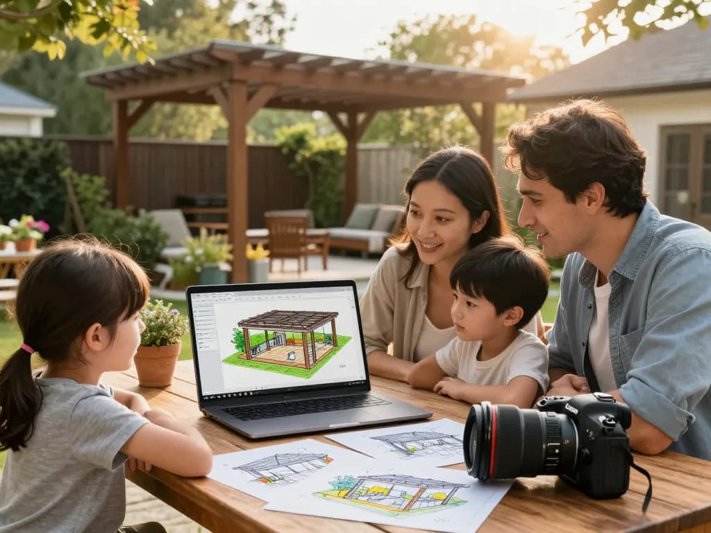 Family using a pergola 3D planner for garden design, surrounded by sketches and plants.