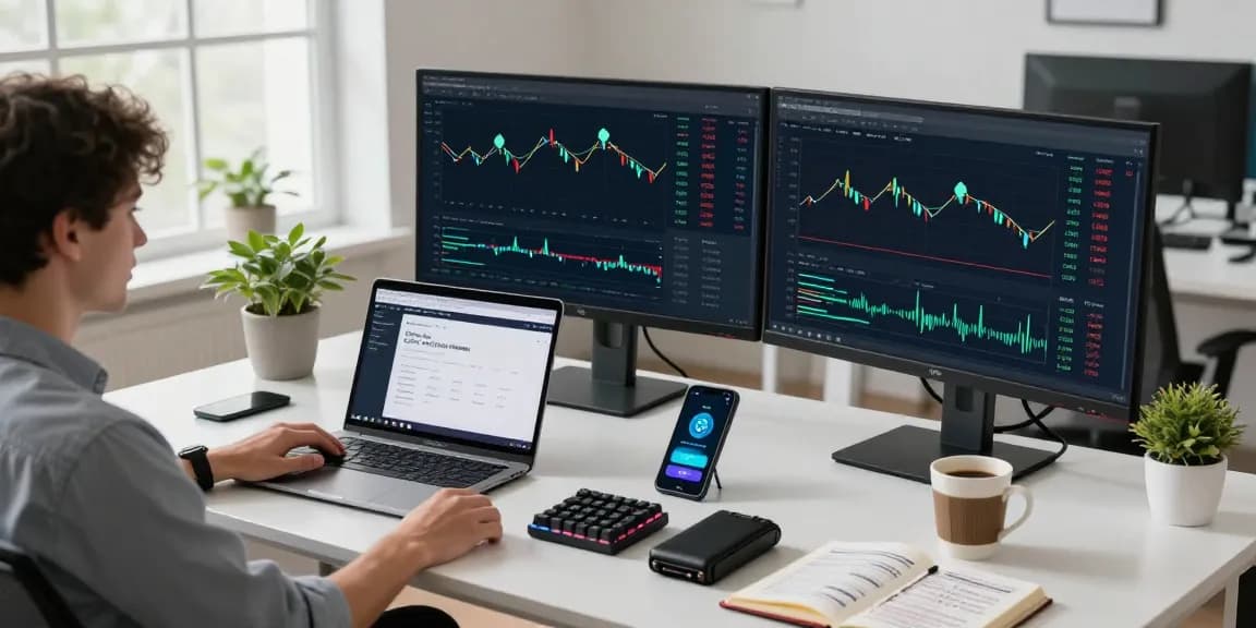 Cloud mining site statistics displayed on multiple monitors in a modern cryptocurrency trading office with ergonomic setup.