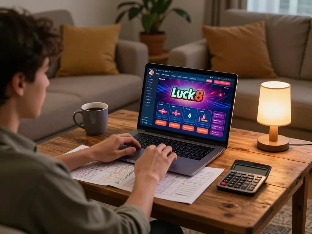 Luck8 player strategizing for online betting session with laptop and notes, cozy home setting.