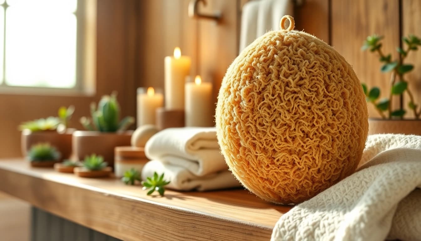 Remove impurities with a natural raw loofah sponge displayed stylishly in a bright bathroom.