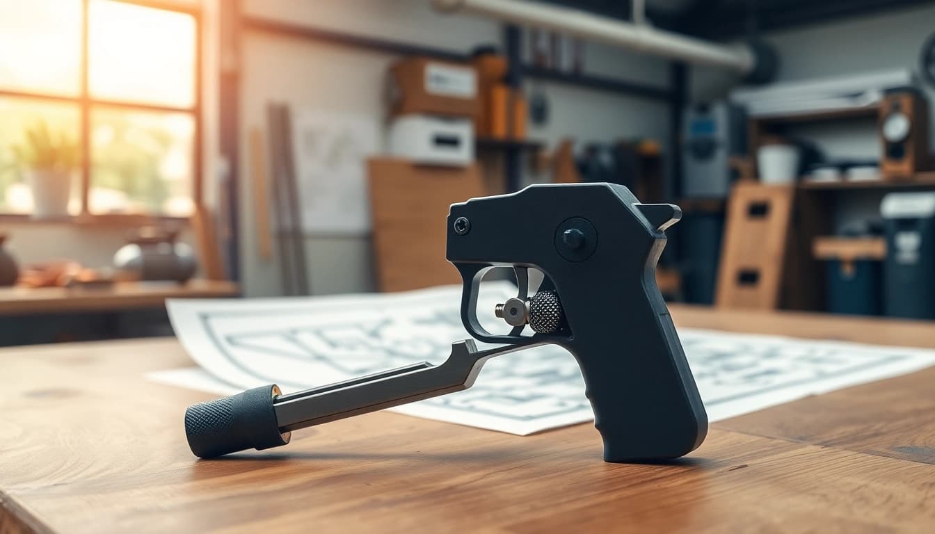 Showcasing a forced reset trigger with intricate metallic details on a workshop table.