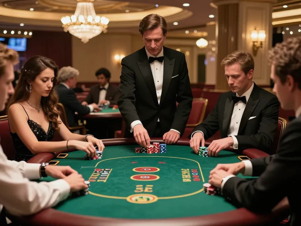 Intense poker game at a luxury casino table highlighting Nhà cái MAY88 strategic gameplay under warm ambient lights.