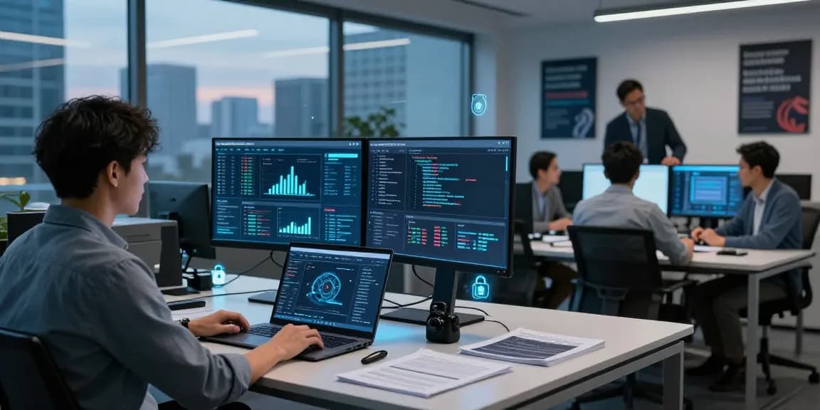 Cybersecurity analysis at shs-dome5.com office with team monitoring live data.