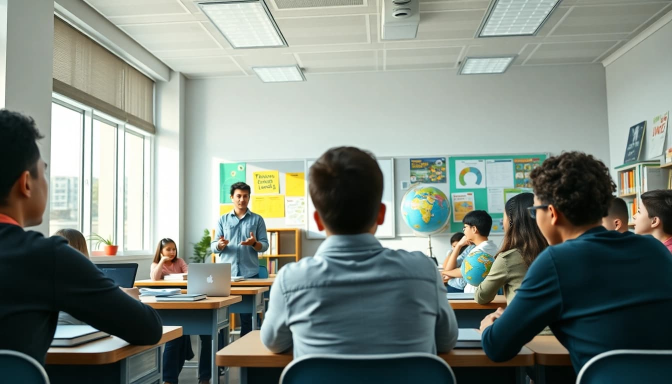 Classroom scene showcasing Dr. Matthew Lynch advocating education equity with engaged diverse students.