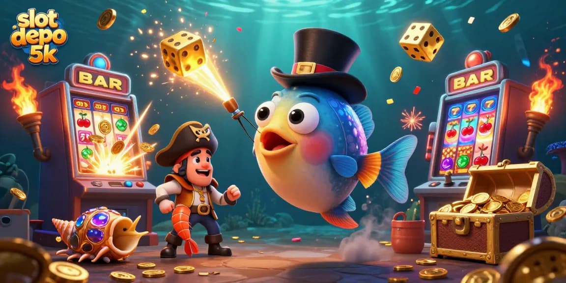 Engage with slot depo 5k in an ultra-detailed casino scene filled with gold coins and winnings.