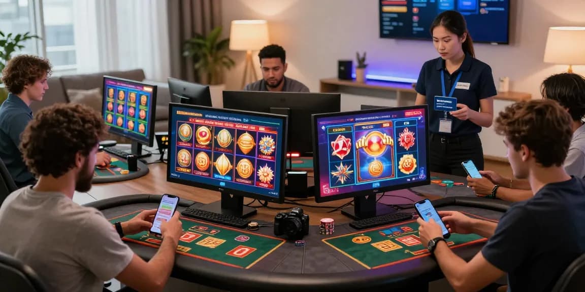 Players engaging with online credit card casinos on https://euf.co.uk, surrounded by vibrant game graphics and a lively atmosphere.