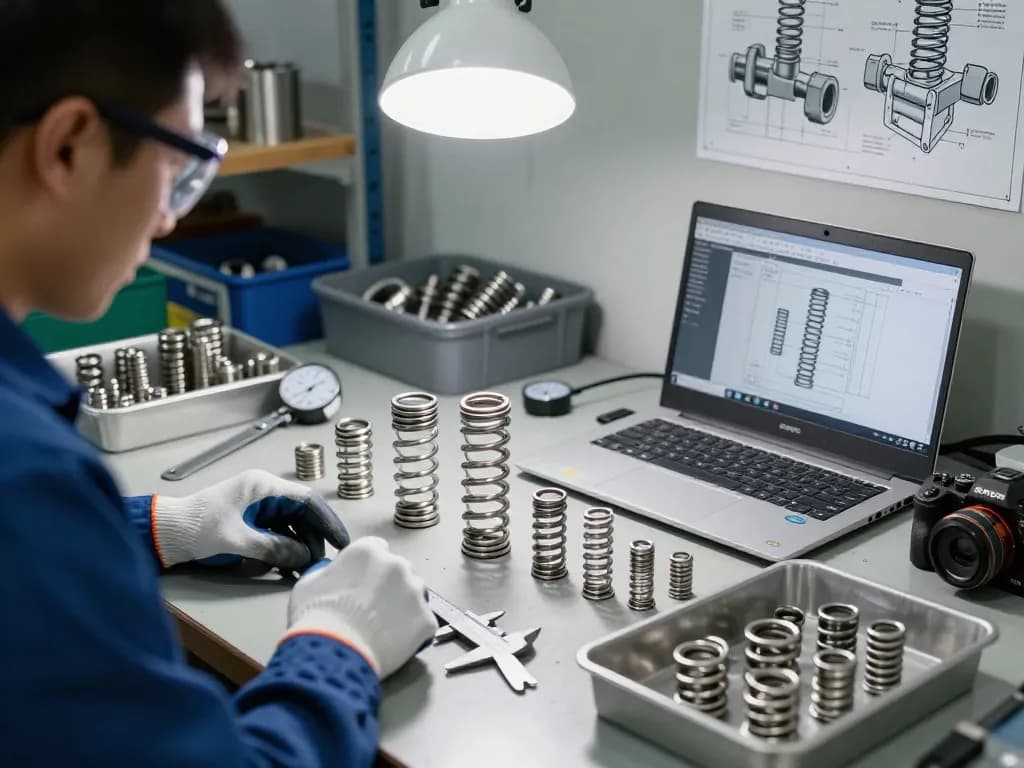 Inspectarea arcurilor inox într-un spațiu de lucru industrial cu unelte și planuri, evidențiind calitatea și măiestria.
