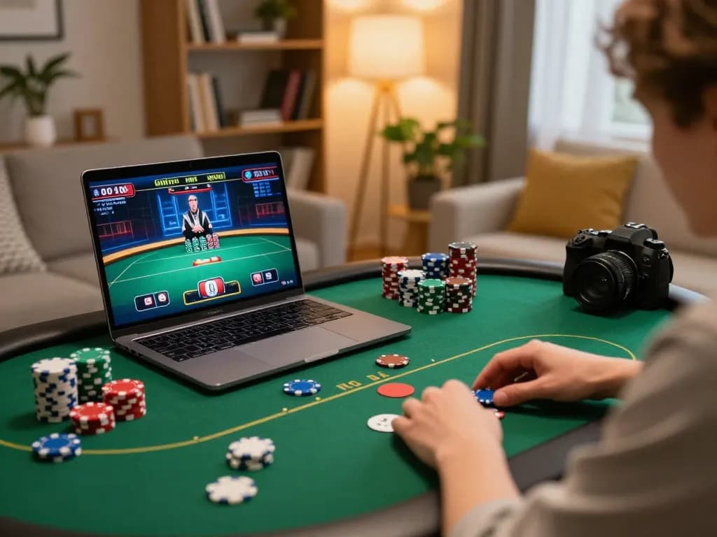Player enjoying online poker at home with 388bet on screen, showcasing a strategic gaming moment.