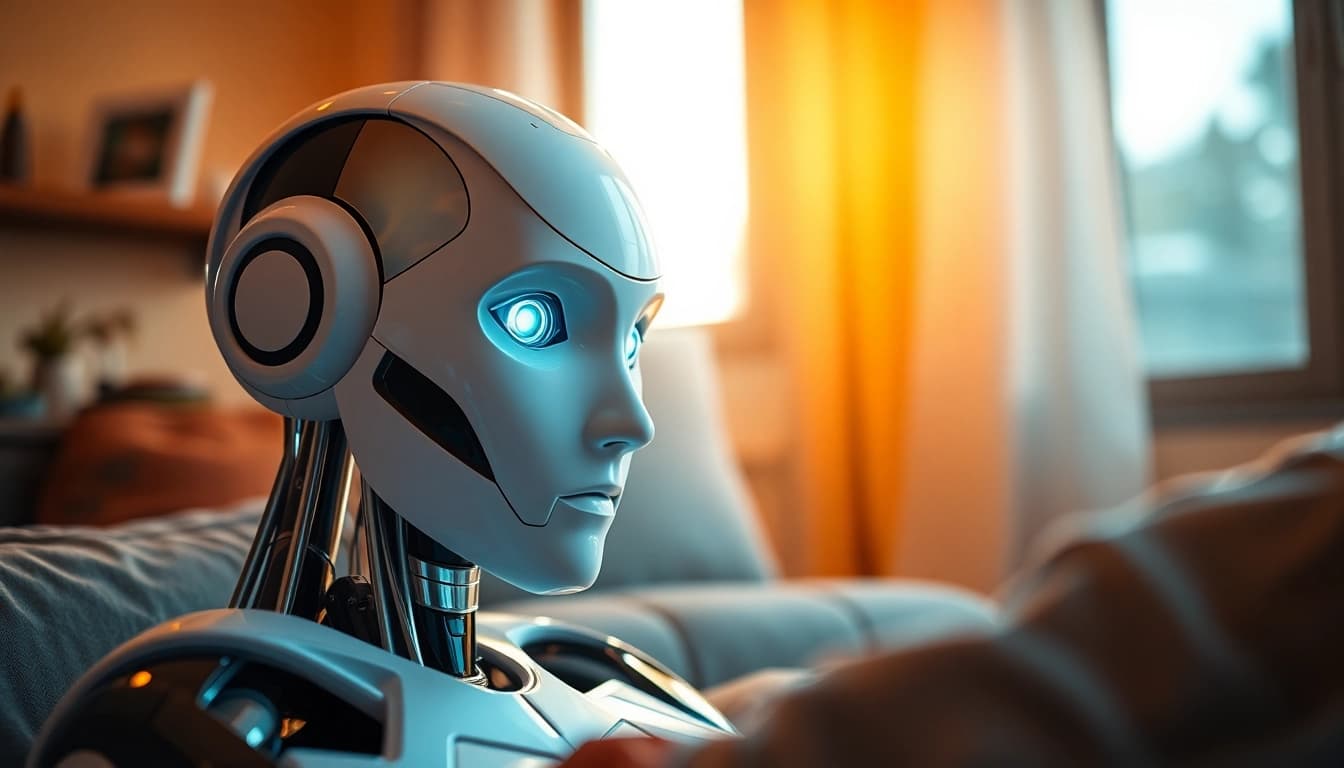 AI sex bot interacting with a user in a warm, intimate setting, showcasing advanced technology and emotional connection.