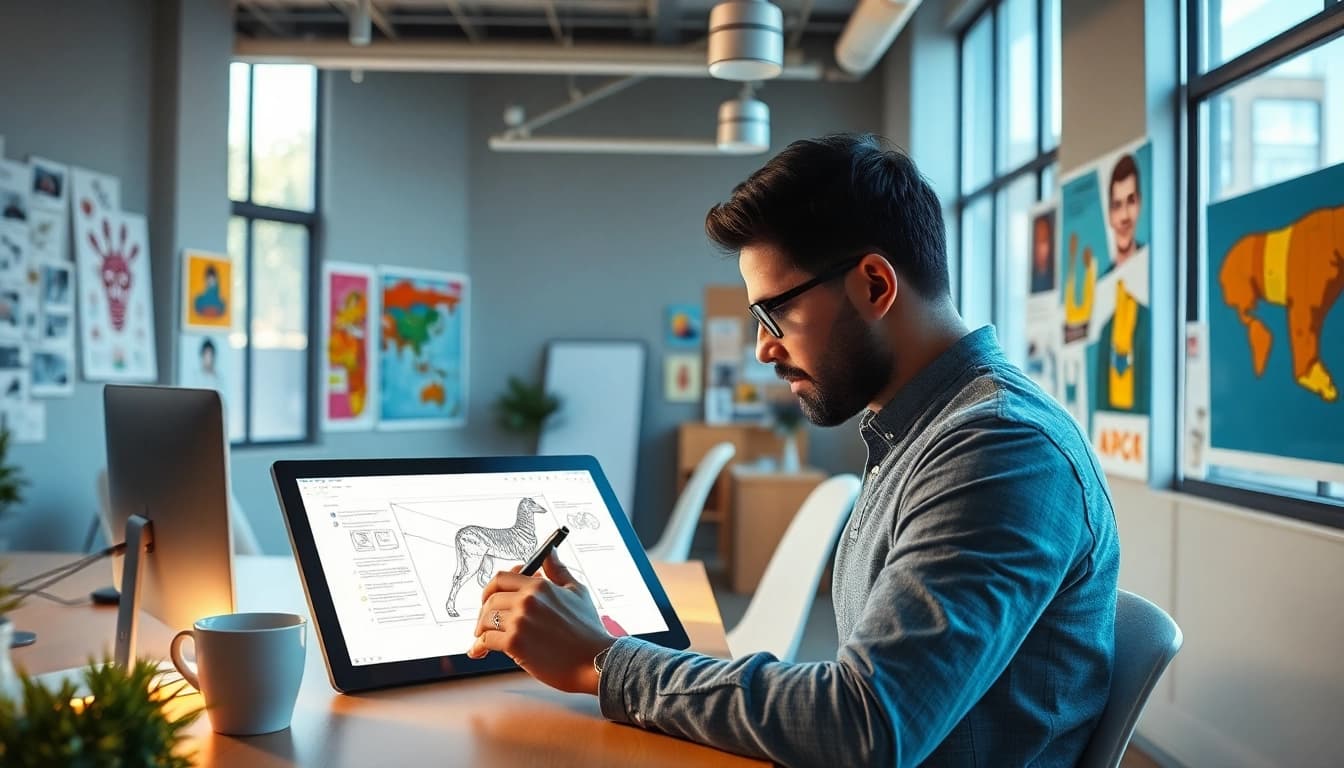 Image to prompt generation scene illustrating a designer creating AI prompts with vibrant artworks.