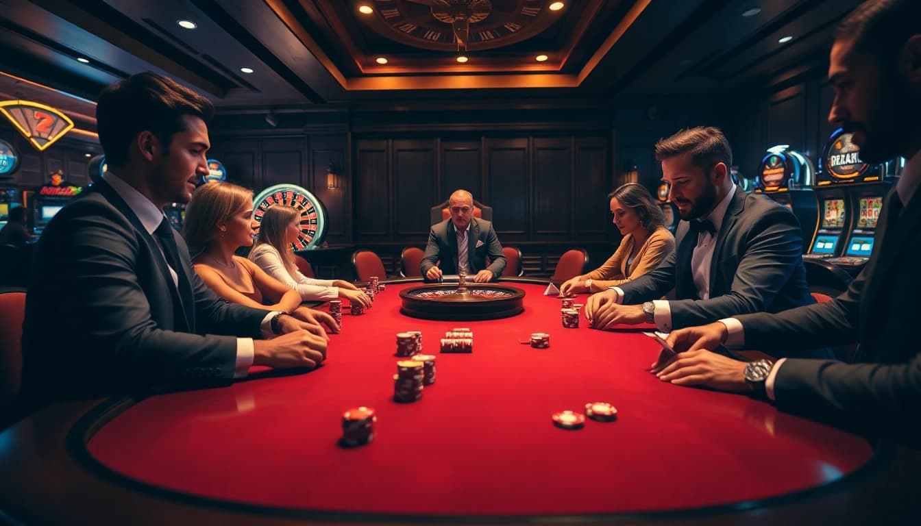 Players at https://marvelbet.site/ engage in an exciting poker game surrounded by vibrant casino elements.