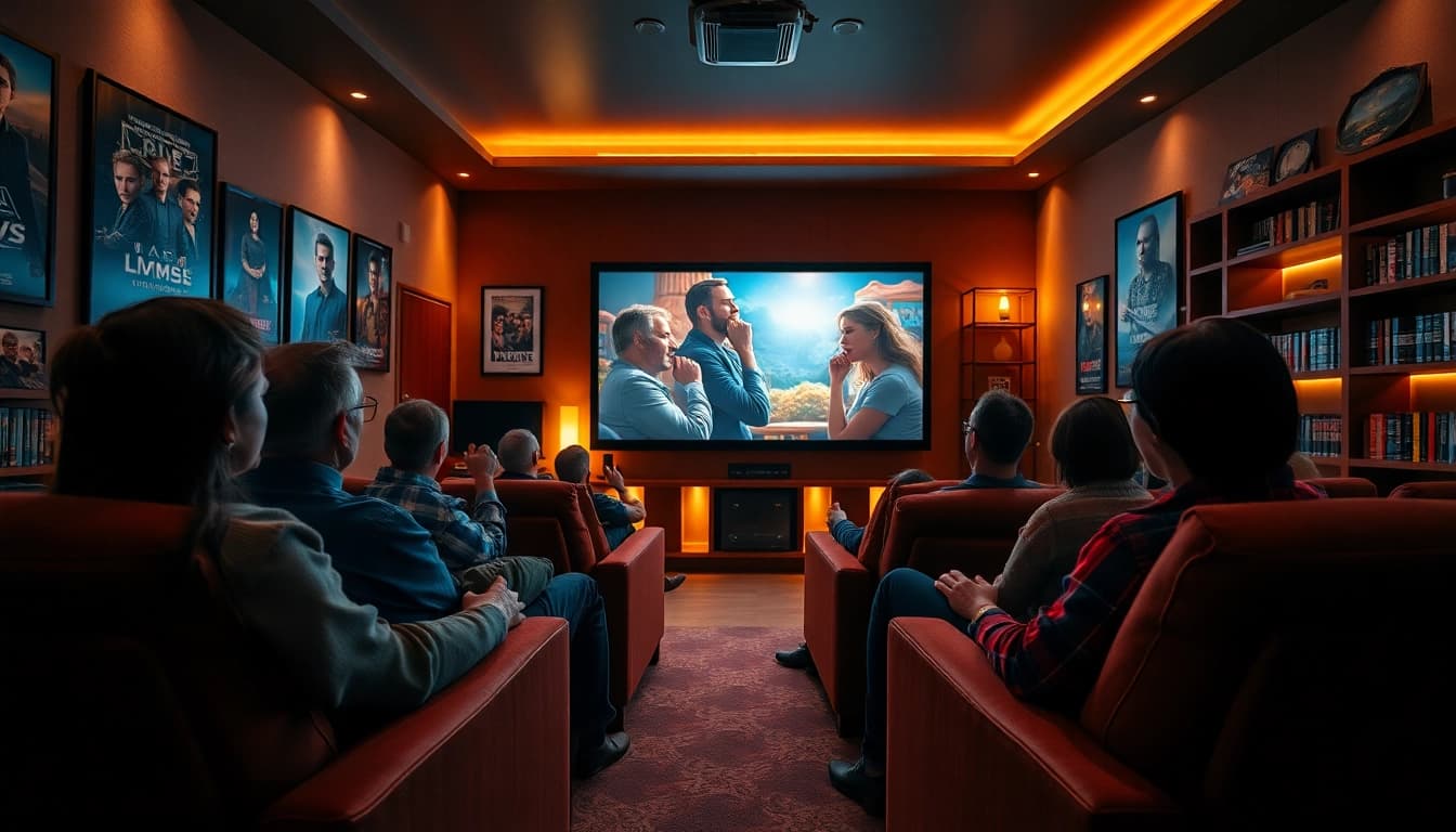 Enjoy ดูหนังออนไลน์ in a cozy home theater with friends watching an exciting movie.