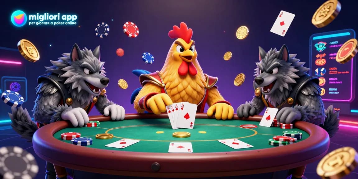 Scopri le migliori app per giocare a poker online con un tavolo affollato e vivace, chips e carte animati che volano ovunque.
