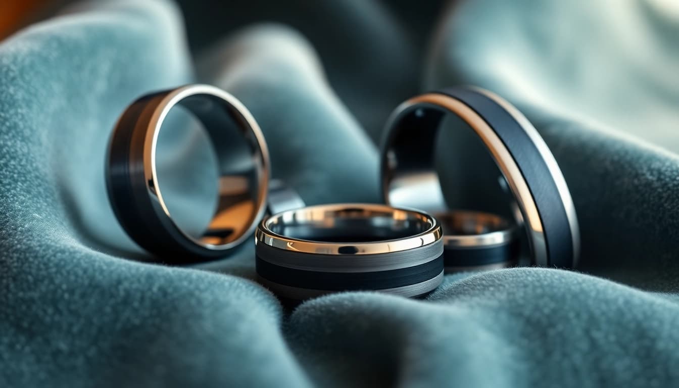 Stunning tungsten rings highlighting their durability and shine, arranged elegantly on a velvety backdrop.