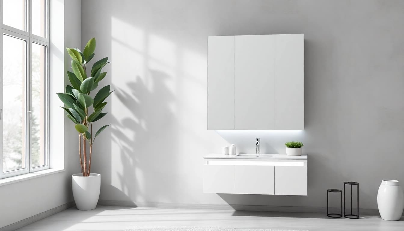 Stylish spiegelschrank mit led Beleuchtung in modernem Badezimmer mit eleganter Beleuchtung.