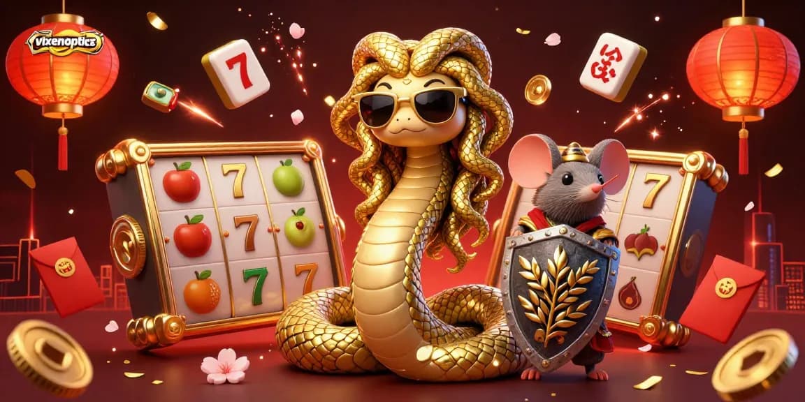 Experience thrilling gaming at vixenoptics with Medusa and a mouse in a lively, colorful casino scene.
