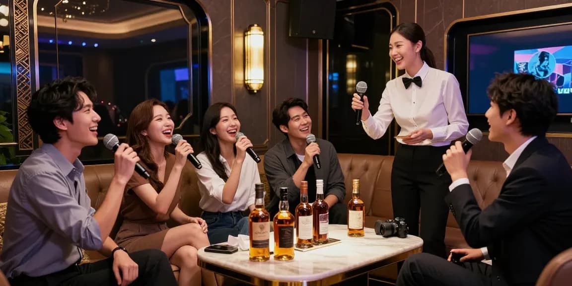 강남 가라오케에서 친구들과 함께 즐거운 시간을 보내는 모습, 고급스러운 인테리어와 조명.