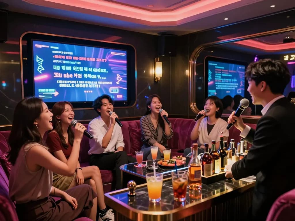 호화로운 장식, 다채로운 조명 및 생생한 분위기 속에서 강남달토 노래방에서 즐거운 밤을 보낸 활기찬 그룹.