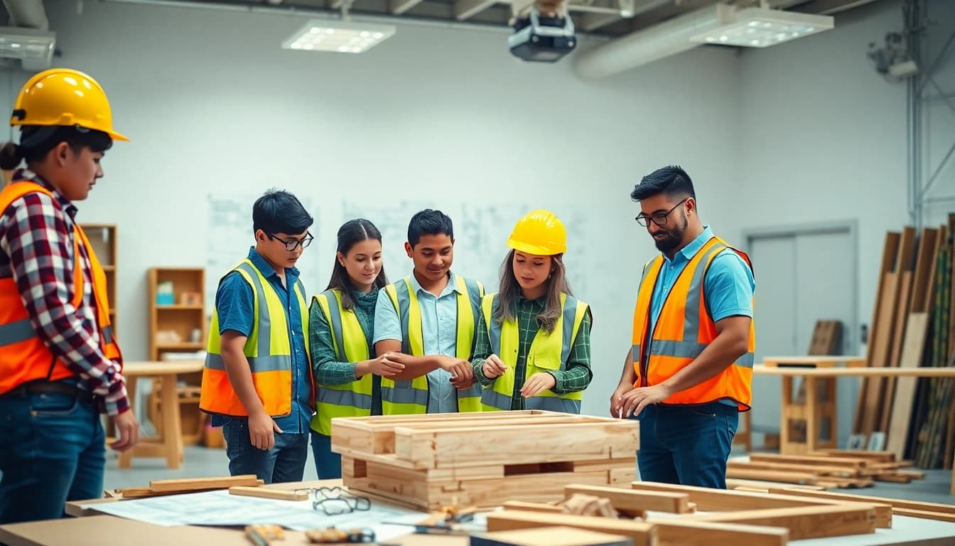 Students actively participating in construction education activities, learning practical skills in a professional environment.