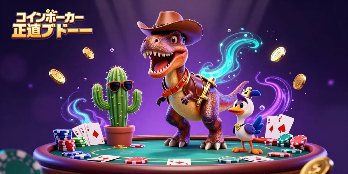 コインポーカー 正直レビューのポーカー場面を描いたイラストで、キャラクターたちがポーカーチップやカードに囲まれて楽しんでいます。