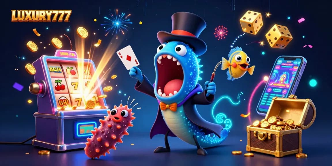 Menangkan jackpot di LUXURY777 memperlihatkan ikan gulper bercahaya dan banyak simbol kasino.